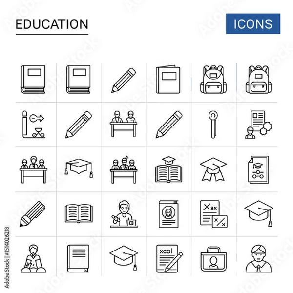 Fototapeta Line art Education Icons Set: A modern collection of line art icons representing various aspects of education, including books, pencils, students, graduation caps, and more.