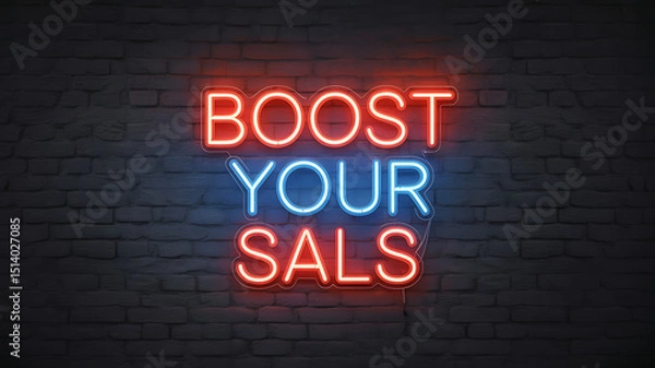 Obraz Boost your sals neon sign on a dark brick wall with red and blue lighting
