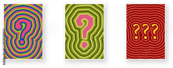 Fototapeta Set of vibrant question mark symbols in psychedelic ripple patterns and bold contrasting colors. Vector illustration.