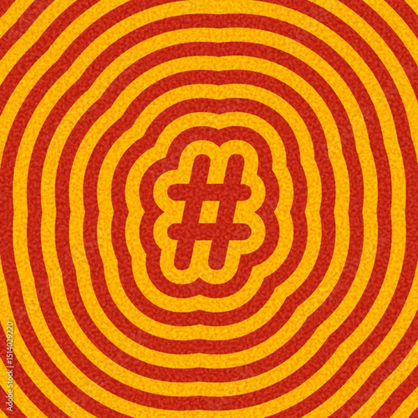 Fototapeta Bold red hashtag icon on yellow ripple background. Vector illustration perfect for social media or digital themes.