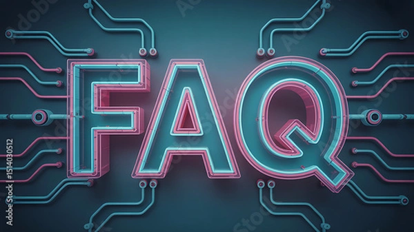 Obraz Neon faq sign with pink and blue lights surrounded by circuit board design