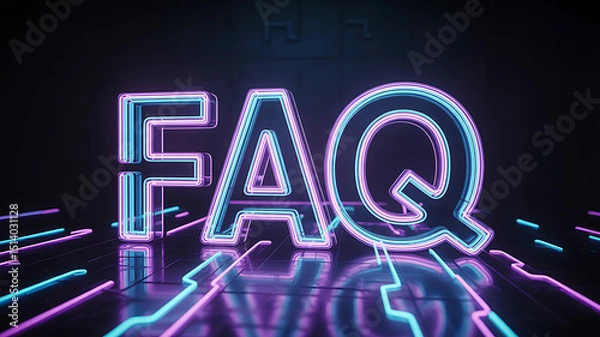 Obraz Neon faq sign with blue and purple lights on a reflective dark surface