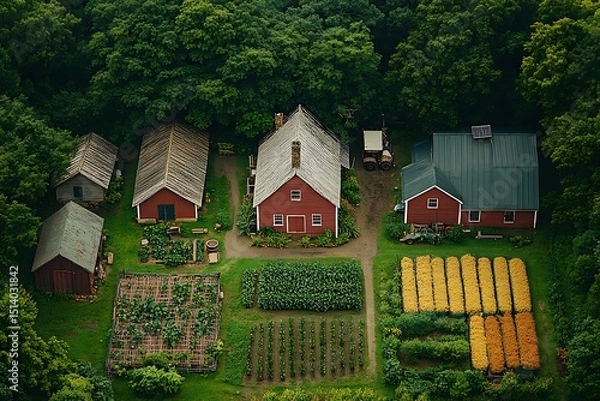 Obraz Colorful vegetable plots and red barns high resolution picture