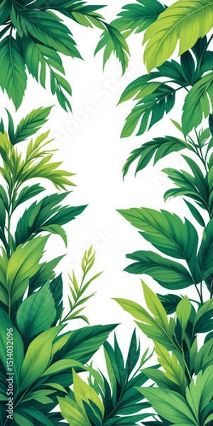 Fototapeta Vertical mobile banner tropical leaves background border with green plant branches leaves illustration in white background and copy space at the middle 