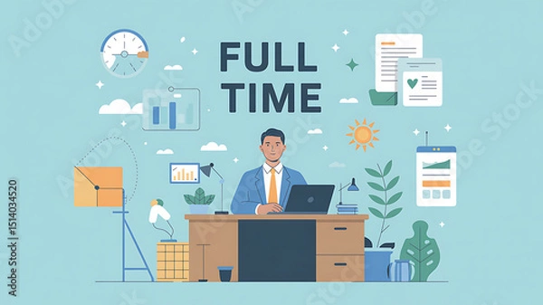 Obraz Illustration of a man at a desk with full time text and office elements