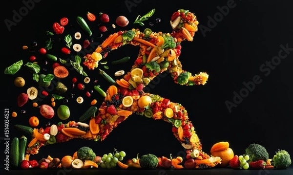 Obraz I take care of myself, we are what we eat. illustration of a running man made up of pieces of fruits and vegetables, healthy food for a complete healthy life. nutrition. lifestyle. black