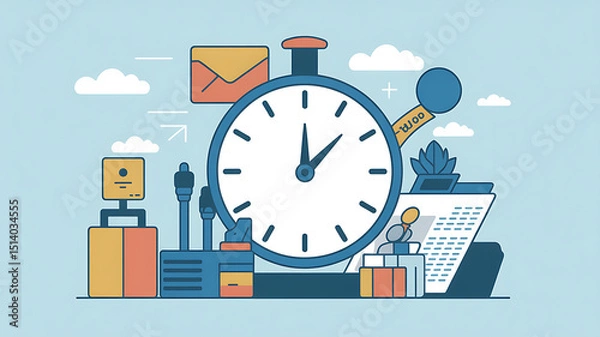 Obraz Illustration of a clock surrounded by office and delivery related items