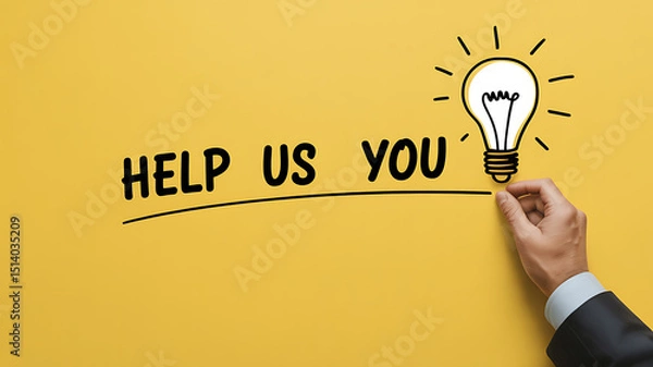 Obraz Hand drawing a line under help us you with a light bulb on a yellow background