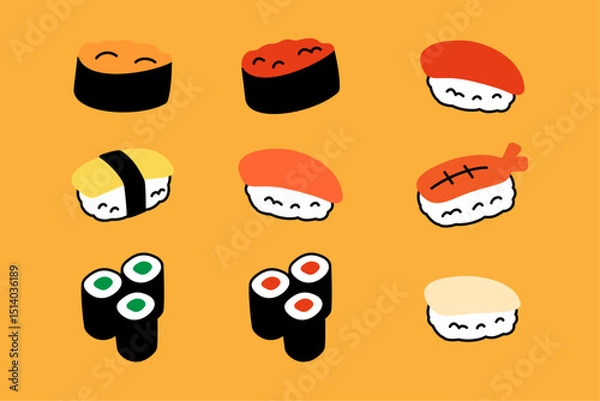 Fototapeta 手書き風のかわいい寿司のイラストセット