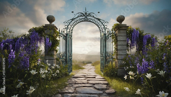 Fototapeta Ornate garden gate adorned with vibrant purple flowers opens to a serene landscape, inviting exploration through a winding stone pathway leading to distant mountains. The Gates of Paradise