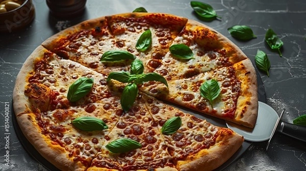 Fototapeta Vibrant sliced pizza with basil and golden cheese, steel cutter on modern matte counter, overhead angle with dramatic lighting and open design space.