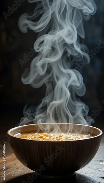 Fototapeta vertical closeup photo of delicious hot soup in white colour ceramic bowl with smoke rising in black background 