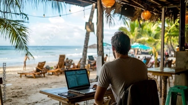 Fototapeta Digital nomad working from a beachside caf laptop relaxed business environment