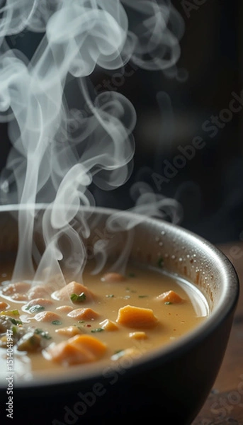 Fototapeta portrait closeup photo of delicious hot soup in white colour ceramic bowl with smoke rising and copy space 