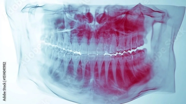 Fototapeta Digital X ray of a smokers teeth showing severe plaque buildup and gum disease scientific visualization transparent overlay high resolution