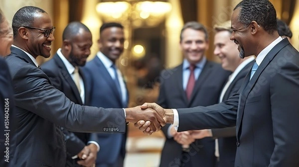 Fototapeta Diverse group of business leaders shaking hands at an international business summit luxurious setting professional attire