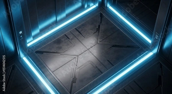 Obraz Futuristic Elevator Cabin with Neon Blue Lighting