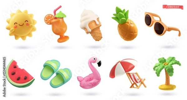 Fototapeta Summer 3d cartoon vector icon set