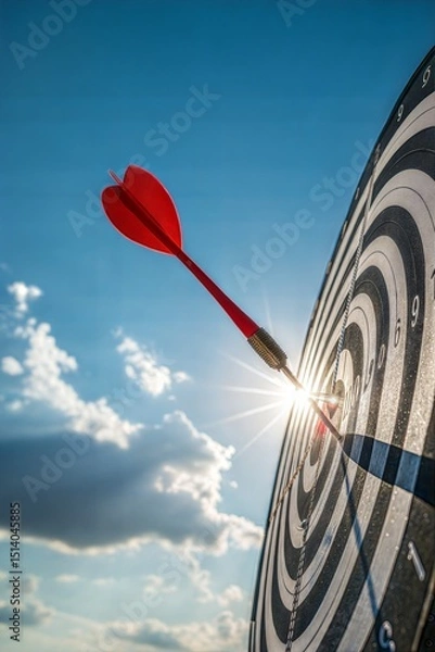 Fototapeta Red dart hitting bullseye against blue sky and sunlight, metaphor for business success
