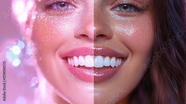 Fototapeta Female influencer demonstrating new whitening toothpaste before after dental transformation high detail a futuristic digital rendering of enamel brightening an artistic take on a radiant white smile