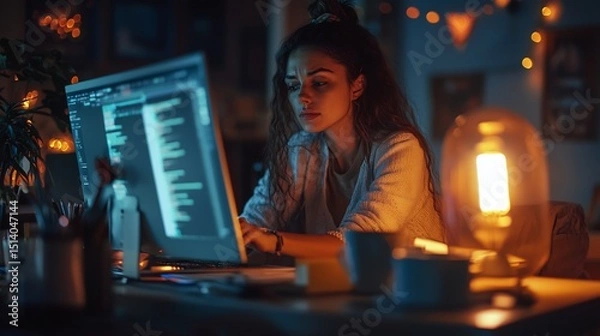 Fototapeta Female tech entrepreneur working late on a groundbreaking software project intense focus digital workspace