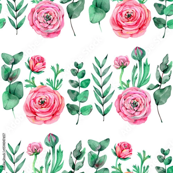 Fototapeta Ranunculus buttercup . Seamless floral pattern with pink flowers and Ranunculus buds. illustration.