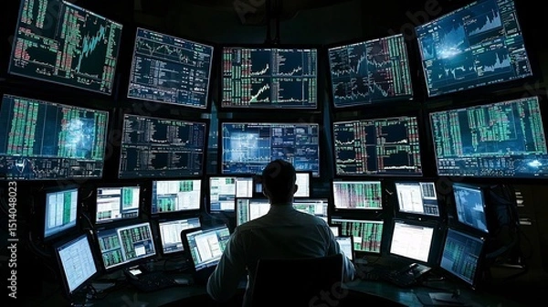Fototapeta Finance expert analyzing a real time stock market crash on multiple digital screens crisis management mode