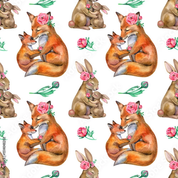 Fototapeta Cute seamless pattern with forest animals bunnies,Mother's Day greeting fabric wrapping paper