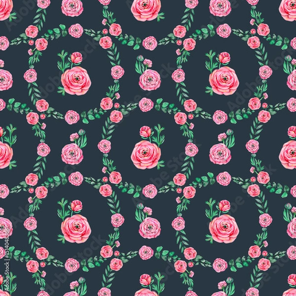 Fototapeta Mothers Day pink peonies buttercup flowers with eucaluptus leaves watercolor seamless pattern. Floral garden roses repeat background for spring wedding design and fabrics