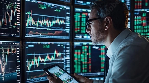 Fototapeta Financial advisor analyzing stock trends on multiple digital screens Wall Street like atmosphere intense focus
