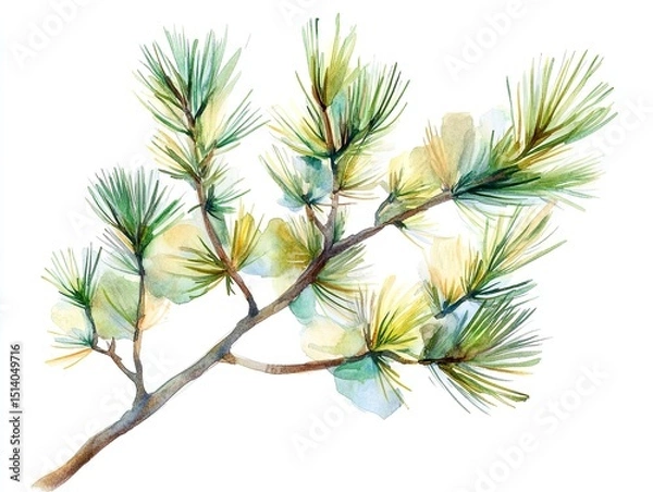 Fototapeta Pine branch watercolor isolated illustration, the fine details of the pine needles and texture captured with high-definition clarity 