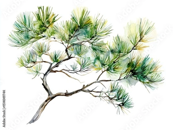 Fototapeta Pine branch watercolor isolated illustration, the fine details of the pine needles and texture captured with high-definition clarity