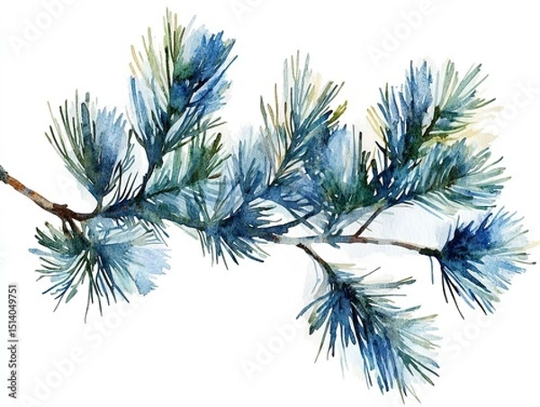 Fototapeta Pine branch watercolor isolated illustration, the fine details of the pine needles and texture captured with high-definition clarity 