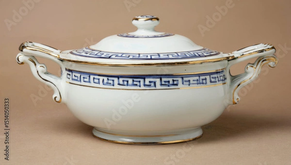 Obraz Elegant porcelain serving dish with intricate blue and gold detailing, featuring ornate handles, displayed against a neutral background, showcasing fine craftsmanship and timeless design