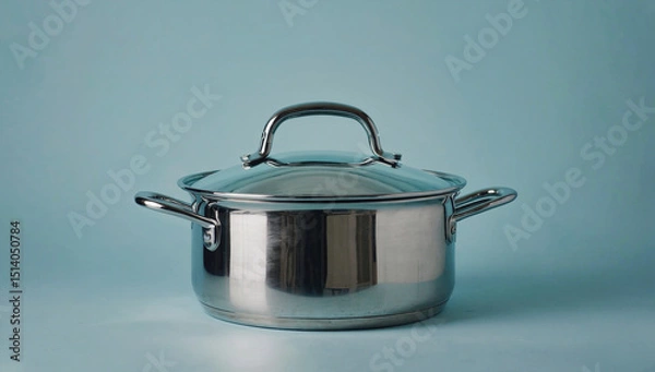 Obraz Stainless steel cooking pot with a shiny surface and a matching lid, placed against a soft blue background, showcasing modern kitchen cookware design and functionality