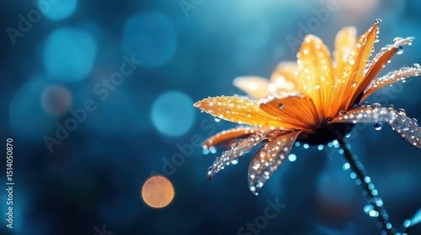 Fototapeta A stunning close-up of an orange flower adorned with droplets of water, showcasing its vibrant colors and delicate details against a dreamy, blurred background.