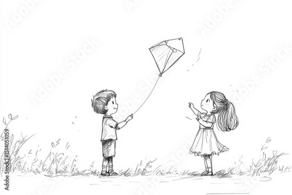 Obraz Single continuous line drawing little boy and girl flying kite. Siblings playing together. Kids  playing kite in playground. Children with kites game and they look happy. One line draw graphic