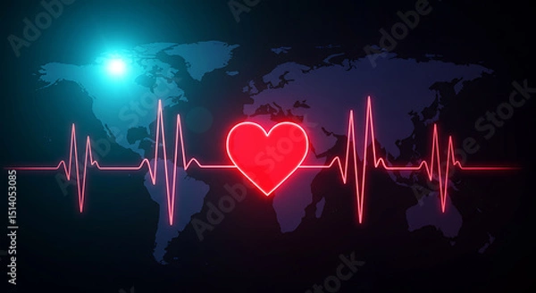 Fototapeta Glowing red heart icon with heartbeat line on a world map background, representing global health, love, and care.  Perfect for medical, charity, or wellness projects needing a symbol of worldwide