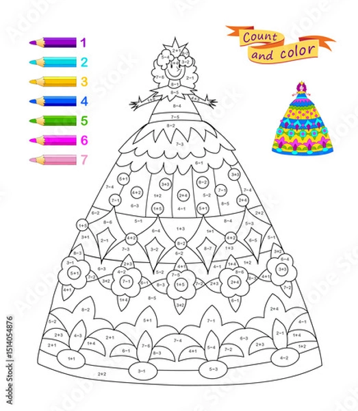 Fototapeta Mathematical education for children. Coloring book. Math exercises on addition and subtraction. Solve examples and paint the princess. Printable worksheet for kids. Flat hand drawn vector illustration