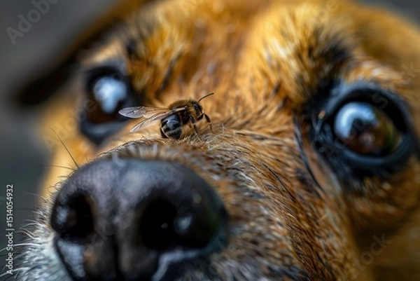 Fototapeta Charming macro shot of bee resting delicately on dog nose, capturing candid and heartwarming wildlife encounter. Perfect for nature themed articles, pet care guides and inspirational posts