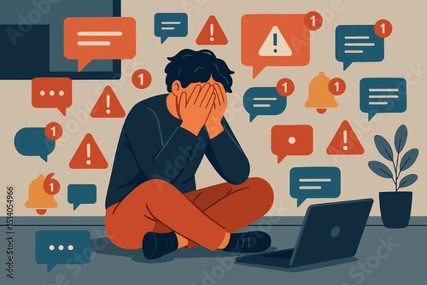 Fototapeta Overwhelmed person stressed by constant digital notifications and online information overload. Man covering face, feeling anxious from too many messages, alerts. Concept of mental health, burnout.