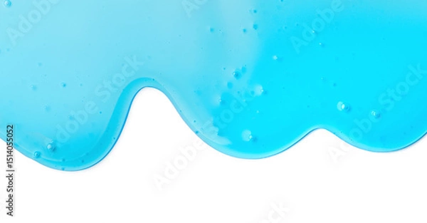 Fototapeta Blue liquid gel flowing, shower fluid gel border, isolated on white background, dripping shampoo texture on white, body care cosmetic, texture of liquid washing gel, soap backdrop top view, from above
