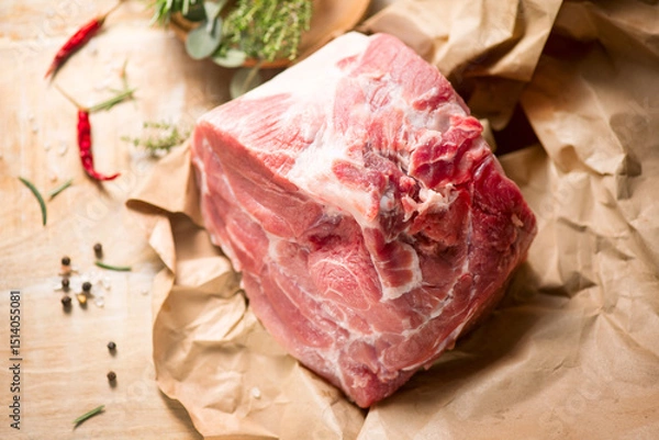 Fototapeta Raw Pork meat fillet. Fresh Pork meat, piece of meat close up. Prime filet meat texture. Chilled pork Boston butt, collar, shoulder. Steak. Raw pork neck, Spices. On wooden table background. Top view