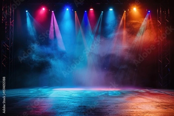 Fototapeta empty stage illuminated by colorful spotlights with drifting smoke, creating a dramatic, atmospheric scene perfect for concerts, performances, and event promotions