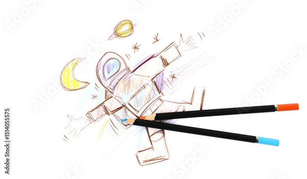 Obraz colorful wooden crayons and child's drawing of an astronaut in space, isolated on white background