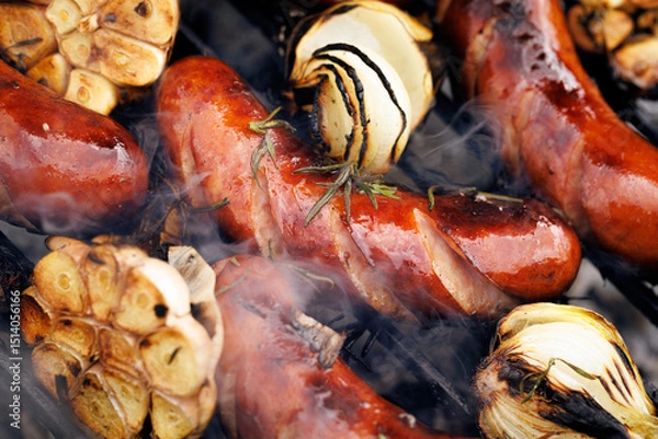 Obraz Grilled pork sausages on the grill, close up view