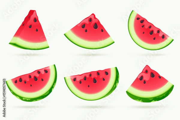 Fototapeta Set of colorful watermelon slices in 3d style. Fresh, juicy red fruit pieces with green rind and seeds, isolated on white background. Ideal for summer, food, or health themes. Vector illustration.