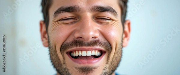 Fototapeta portrait front closeup photo of a handsome man's face  laughing with happy expressions in his face in white background 