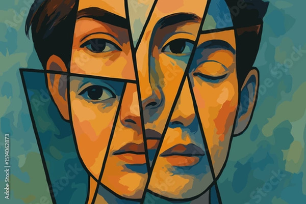 Fototapeta Fragmented Identity Crisis: Abstract Portrait with Geometric Division. Mental Health, Psychological Concept. Broken Self Image, Inner Conflict, Mind Puzzle, Persona Split
