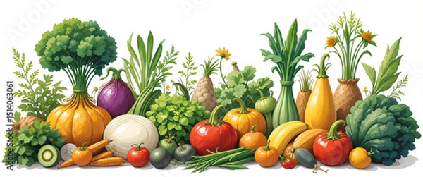 Fototapeta Fresh vegetables illustration background in white background with blank copy space  